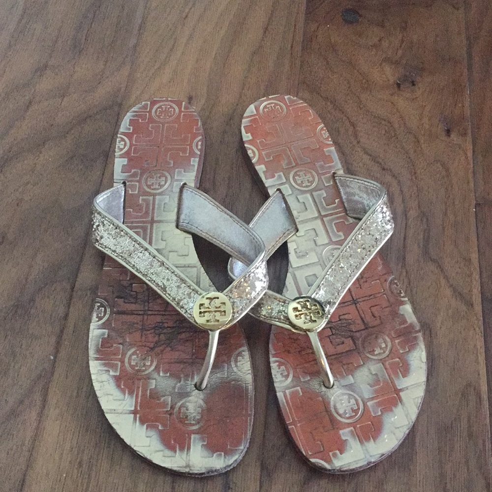 Gold glitter Tory Burch flip flops
